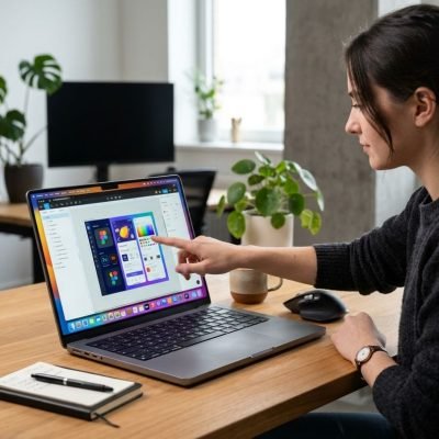 Sleek Touchscreen MacBook Pro on a modern workspace displaying interactive digital design software.