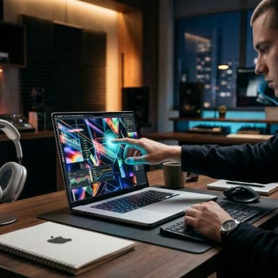 Sleek Apple touchscreen laptop display in a professional creative digital studio workspace.