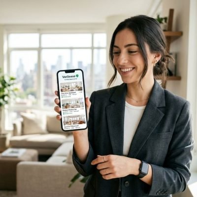 User holding a smartphone running the Verilease space finder app to locate verified apartments